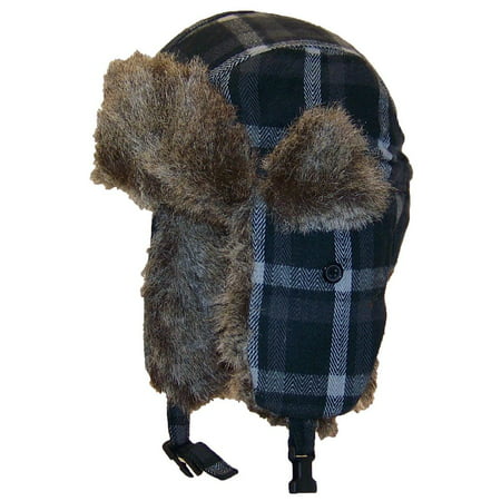 Angela & William Adult Plaid Russian/Trapper Winter Hat w/Soft Faux Fur (One Size) - Black/Gray