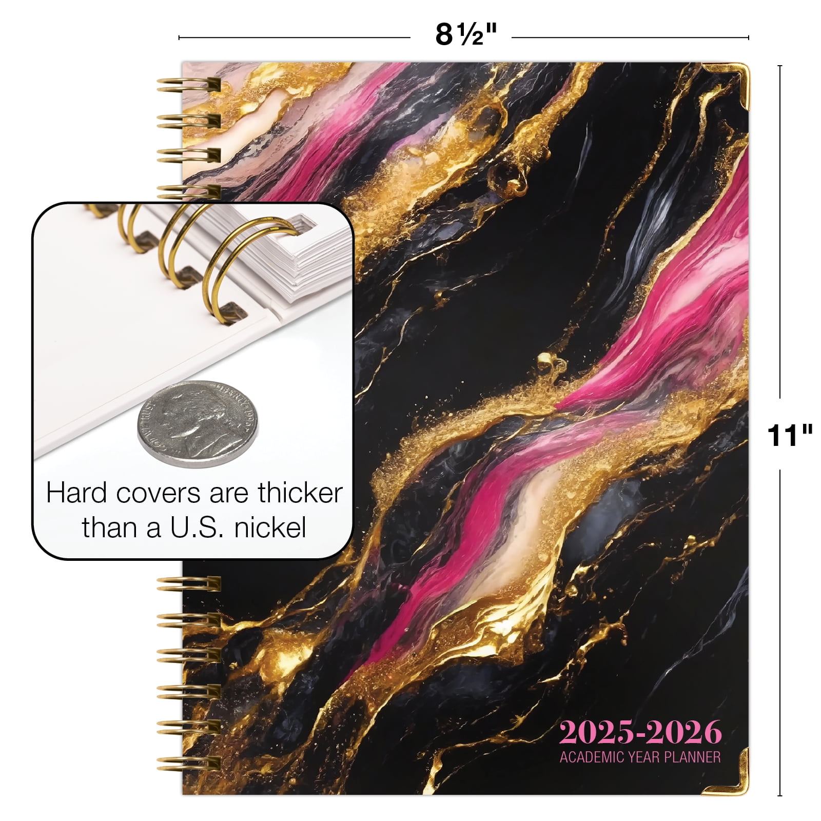 Academic Year 2025-2026 Planner, June 2025 - July 2026, 8.5"x11" Daily Weekly Monthly Planner Yearly Agenda, Hardcover, Bookmark, Pocket Folder and Sticky Note Set (Dark Gold Marble)