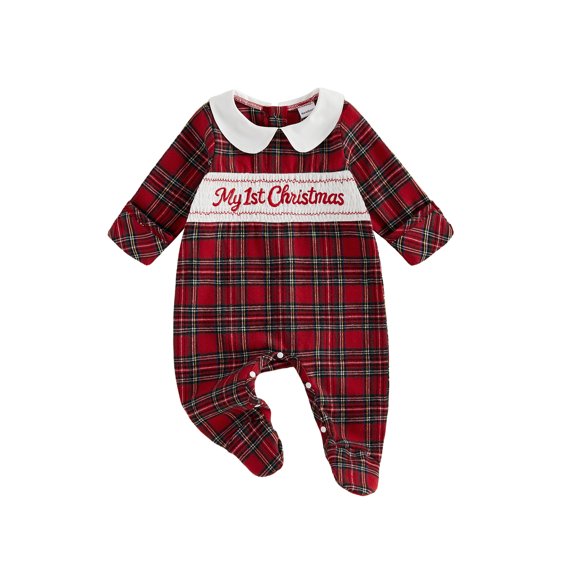 Cjfdfy Newborn Baby Girl Boy Christmas Romper Outfit My 1St Christmas Embroidery Long Sleeve Plaid Print Footies Jumpsuit Infant Cute Christmas Fall Winter Outfit 0-6M