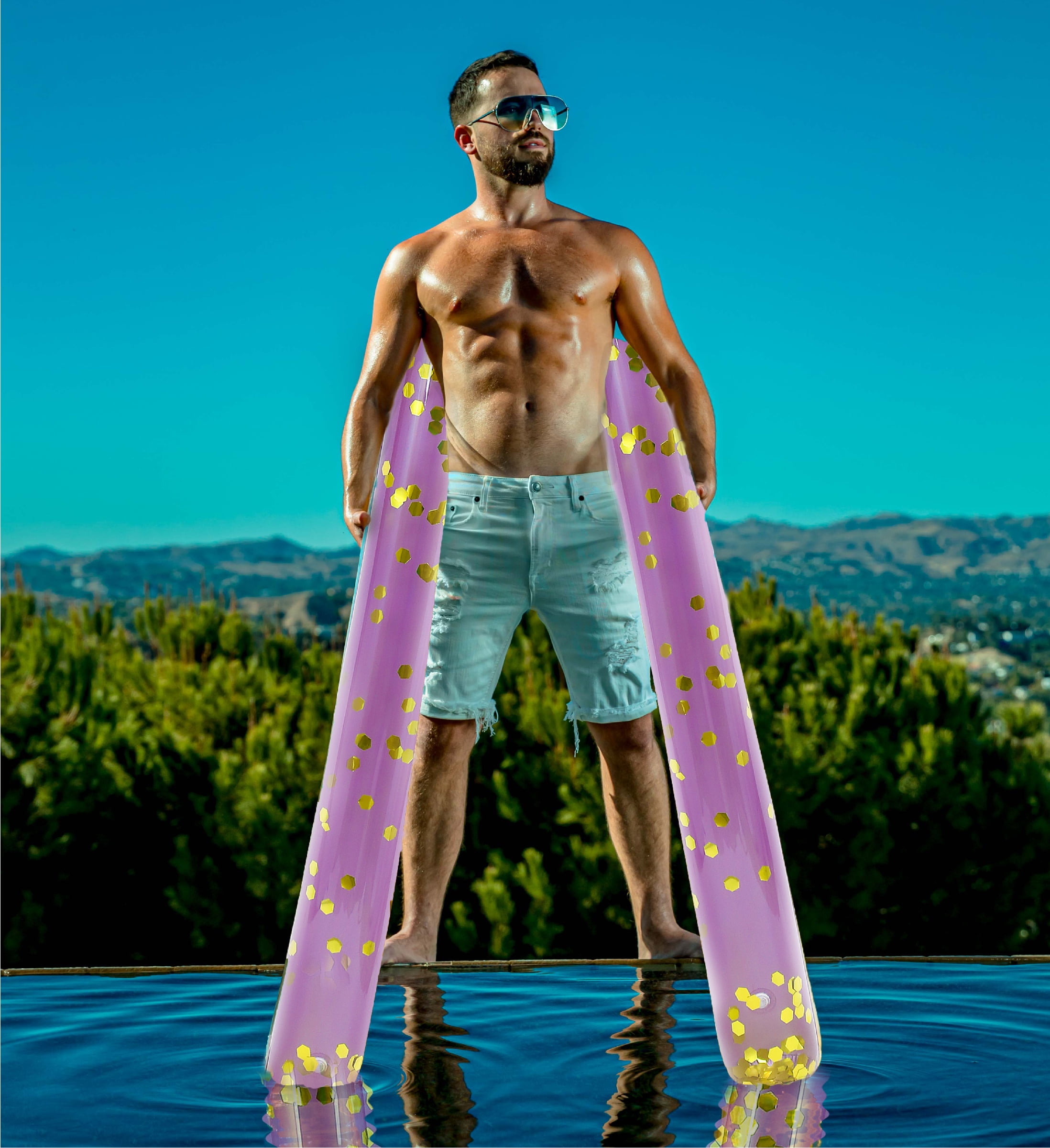 POZA 2 Pack Jumbo Inflatable Pool Noodle Floats - 74-inch Premium Luxurious Giant Pool Noodle Inflatable Floats, Sparkle Gold Glitter Confetti Float for Ocean, Lake, or Beach