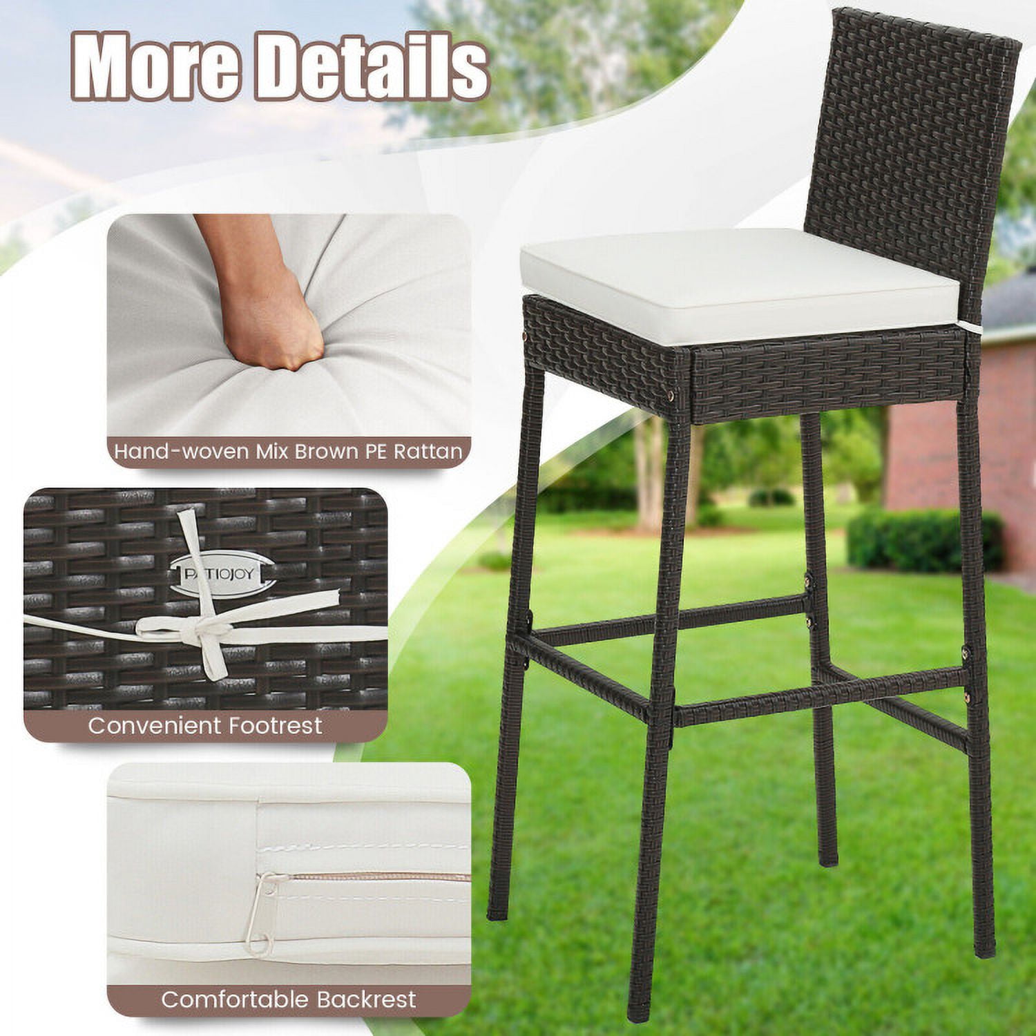 Aimee Lii 2 Pieces Patio Cushioned Wicker Barstools with Cozy Footrest-Set of 2, Outdoor Patio Furniture