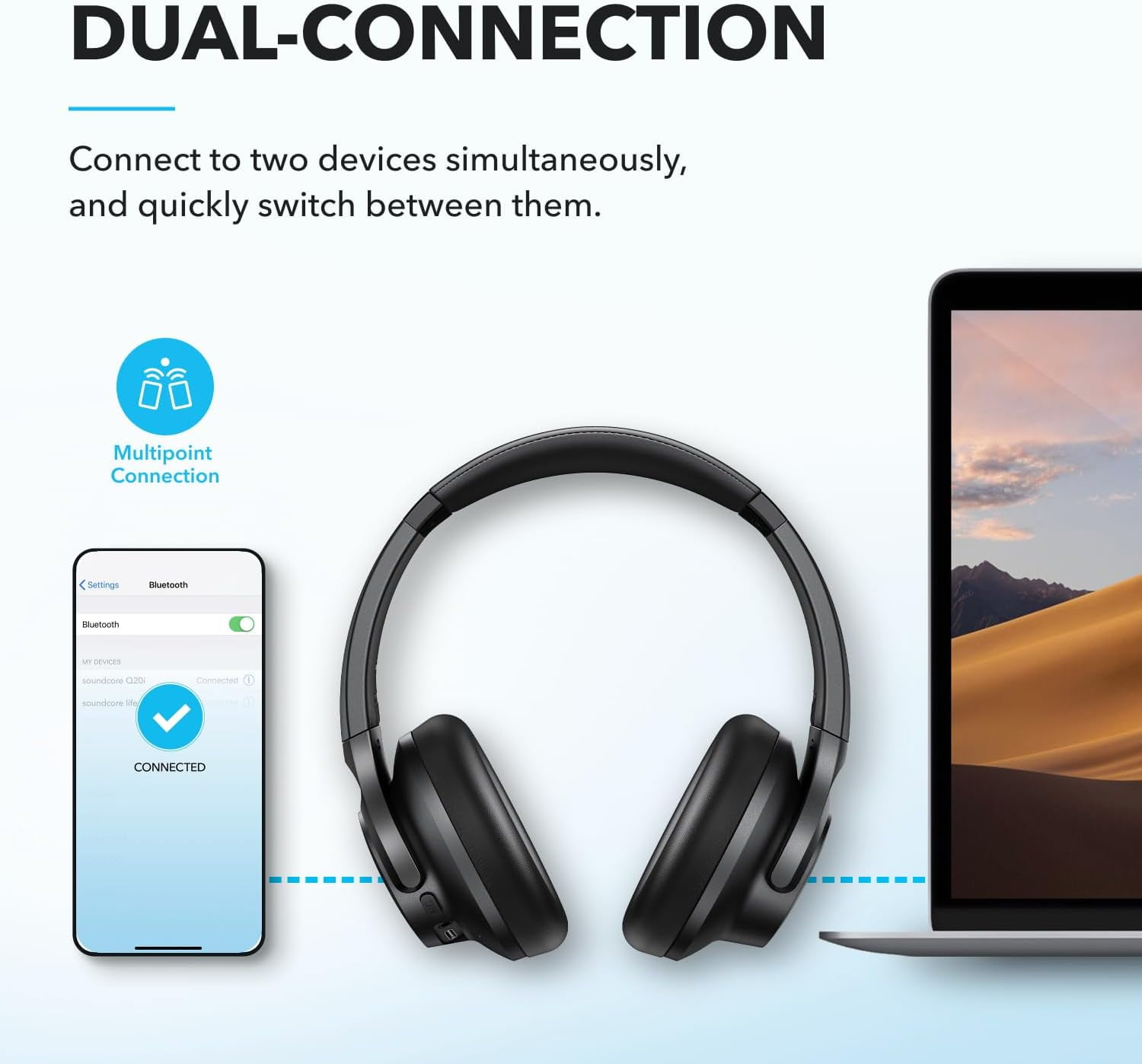Soundcore Q20i Wireless Noise Cancelling Over-Ear Headphones, 40 Hours Long Battery, Hi-Res Audio & Deep Bass, Customizable Sound via App, Designed for Business and Travel-Black