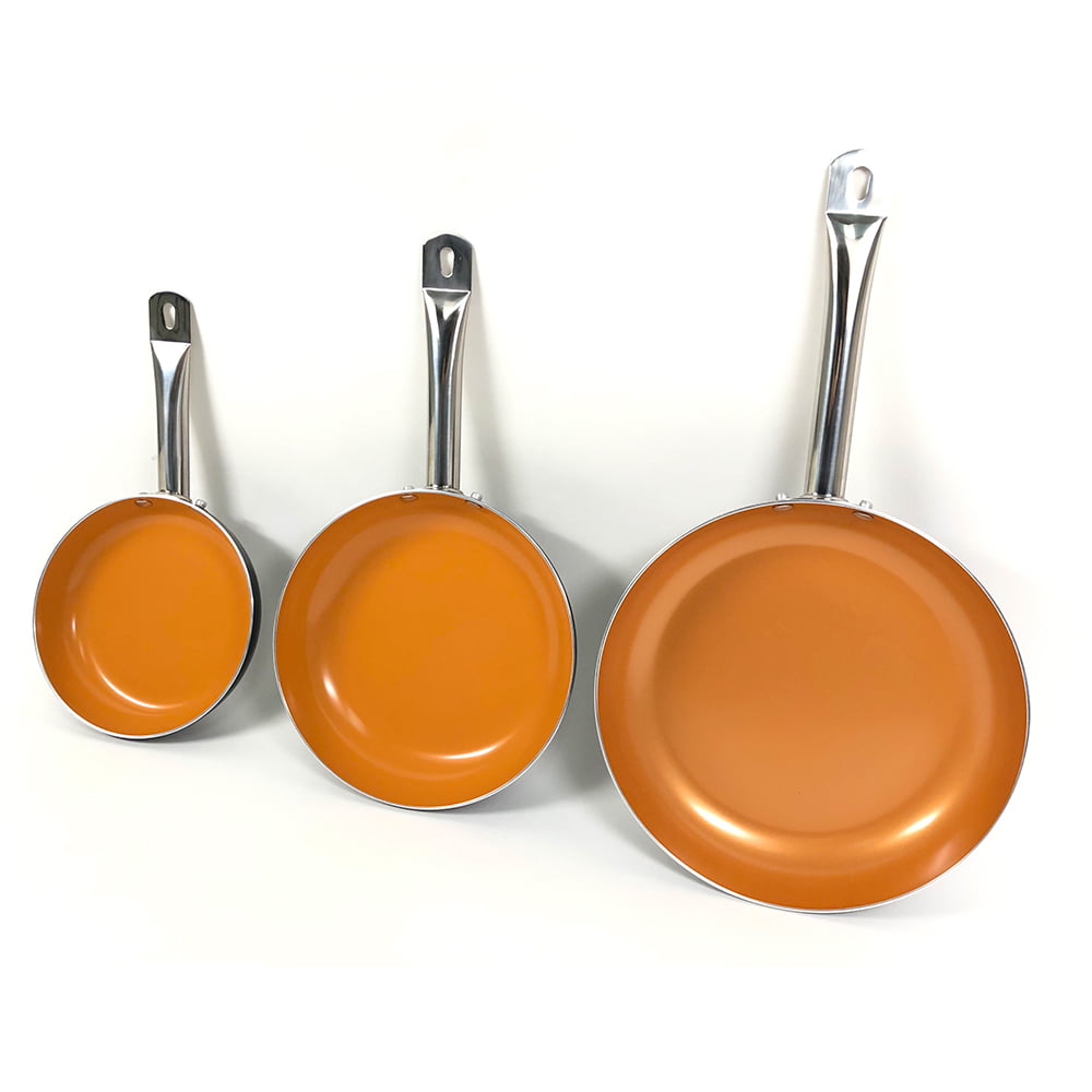 Copper 9.5" & 11" Pans FGY 3 Pcs Frying Pan Set Nonstick Ceramic Coated 8" 