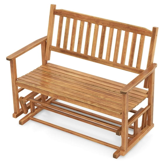 Gymax Patio Glider Loveseat Chair Swing Rocking Bench w/ Curved Backrest & Slatted Seat Natural