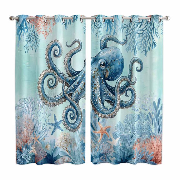 Coastal Octopus Blue Kitchen Curtains Window Panels, Summer Beach Nautical Coral Starfish Insulated Window Treatment Curtain, Grommet Curtains for Bedroom/Living Room/Bathroom, 2 Piece 42"Wx63"L