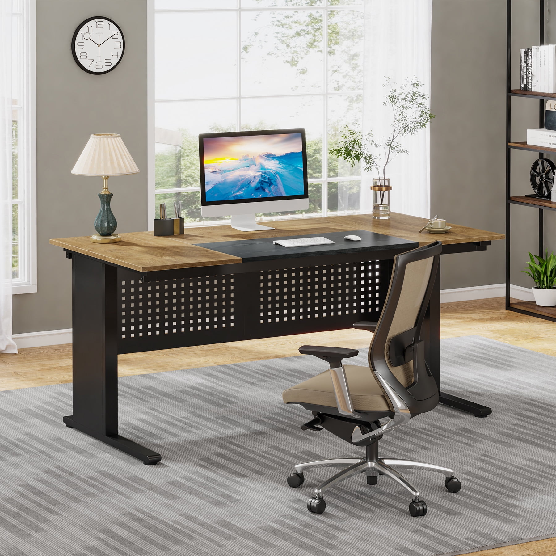 Finmind 63" L-Shaped Executive Desk with File Cabinet, Large Office Computer Desk with Drawers and Shelves, for Home Office, Light Brown and Black