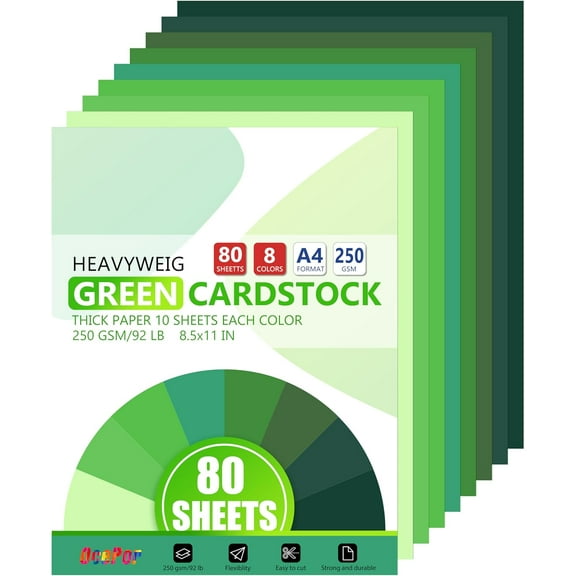 80 Sheets Green Cardstock Paper, Colored Printer Paper 8.5 x 11, Thick Construction for Cards Making, Scrapbook，Office Printing, Invitations, Certificates，DIY Crafting 92 lb/250gsm