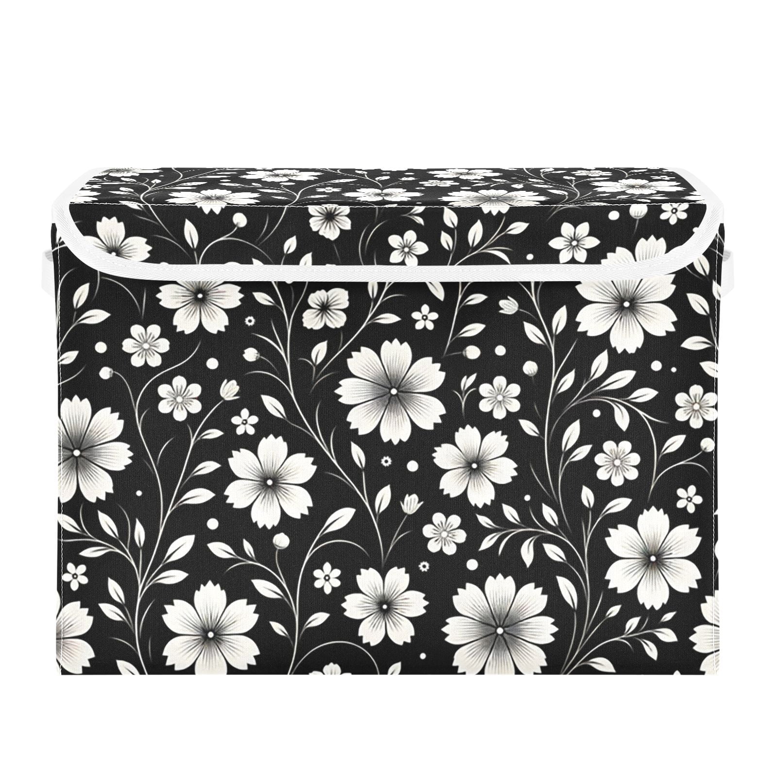 Retro White and Black Flowers Storage Basket for Shelves Foldable Container Organizer for Organizing Toys Clothes Books with Handles