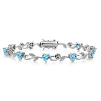Gem Stone King 925 Sterling Silver Heart Shape Swiss Blue Topaz and White Lab Grown Diamond Greek Vine Flower Tennis Bracelet for Women (5.54 Cttw, 7.5 inch)