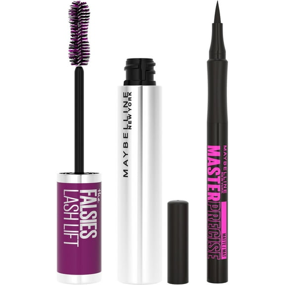 Maybelline The Falsies Lash Lift Mascara, Very Black EyeStudio Master Precise Liquid Makeup, Matte Black
