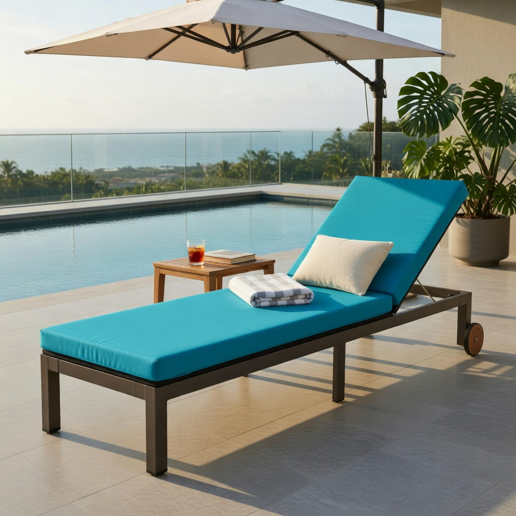 Hommoo Outdoor Chaise Lounge Chair, PE Rattan & Acacia Wood Recliner with Adjustable Backrest, Wheels & Removable Cushion for Patio, Deck, or Poolside, Turquoise