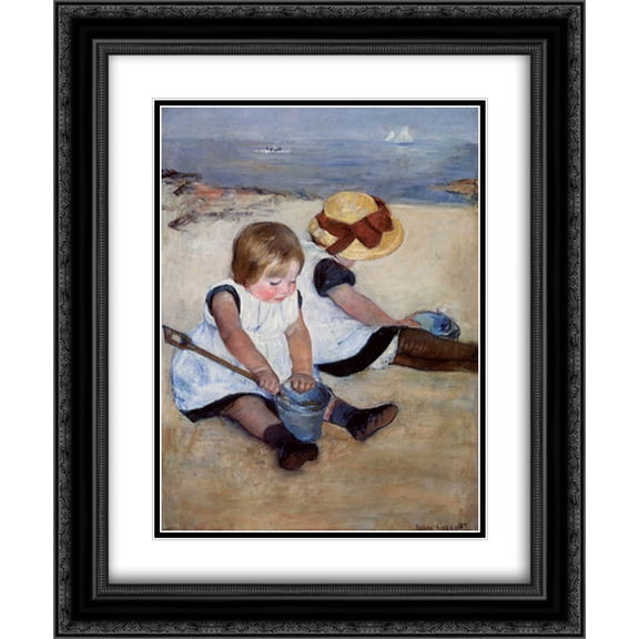 Children Playing On The Beach 1884 2x Matted 20x24 Black Ornate Framed Art Print by Cassatt, Mary