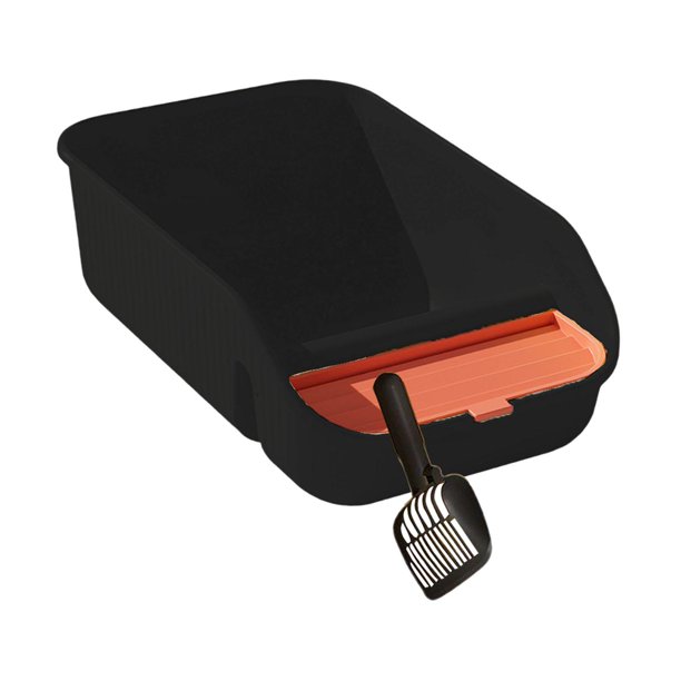 Caja de arena para gatos de interior con contenedor de pala, bandeja de arena fácil de limpiar, lados altos, parte superior abierta para gatitos y Negro
