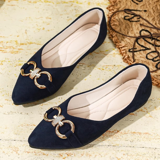 SYMSHOES Womens Navy Blue Pointed Toe Flats Memory Foam Cushioned Slip On Comfortable Dress Work Shoes Non Slip Rubber Sole Metal Buckle Ornament,Size