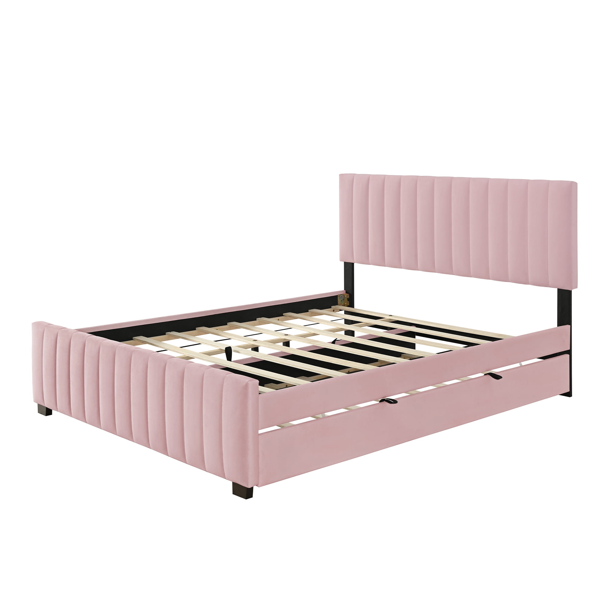 Mintazer Queen Size Velvet Upholstered Platform Bed with Headboard & Twin XL Trundle for Bedroom, Pink