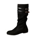 thumbnail image 2 of JUSLIO Boots for Women,Mid-Calf Buckle Strap Side Zipper Round-Toe Slip-on Flat Chelsea Black Boots, 2 of 9