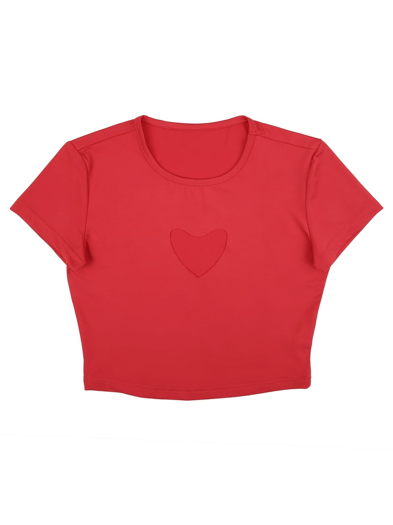 HDE Women's Y2K Heart Keyhole Cut-Out Short Sleeve Crop Top Red