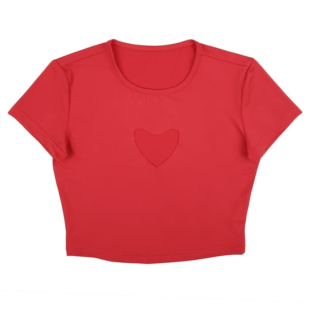 HDE Women's Y2K Heart Keyhole Cut-Out Short Sleeve Crop Top Red