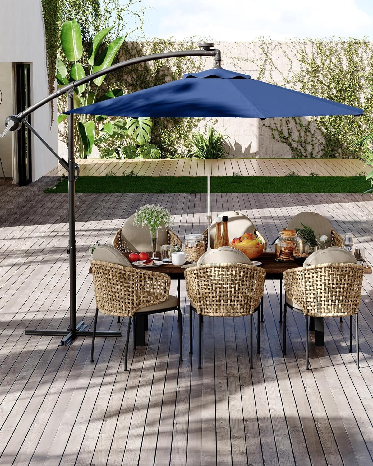 Memoryfield 10FT Cantilever Patio Umbrella with Cross Base, Outdoor Offset Market Umbrella with 360-degree Rotation and Infinite Tilt, for Backyard Lawn Garden and Pool, Navy Blue