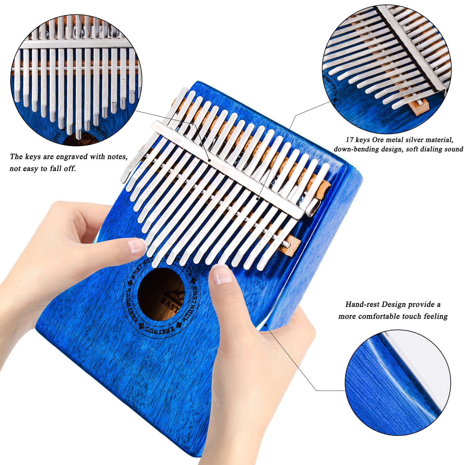 EASTROCK 17 Keys Kalimba Finger Piano Musical Instruments Solid Wood Bady & Hand Rest Design with Tuning Set & Bag,Blue