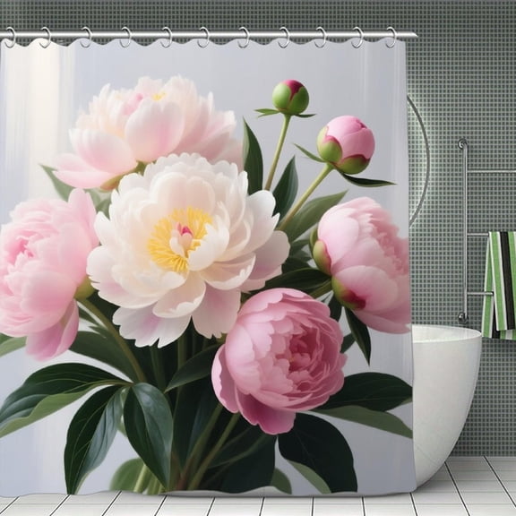 Floral Peonies Print Shower Curtain,Modern Fabric Waterproof Shower Curtain Set with Hooks 70.8×70.8Inch (180×180cm)