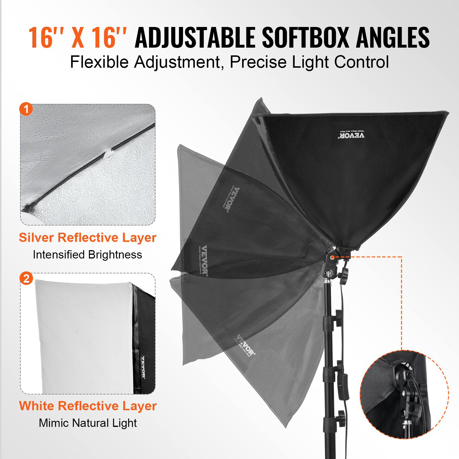 VEVOR Softbox Lighting Kit, 16" x 16", Professional Softbox with 45W LED Bulbs, 3000-6500K Adjustable Color Temperature, Tripod Stand, Studio Lights for Photography, Vedio Recording, Live Streaming