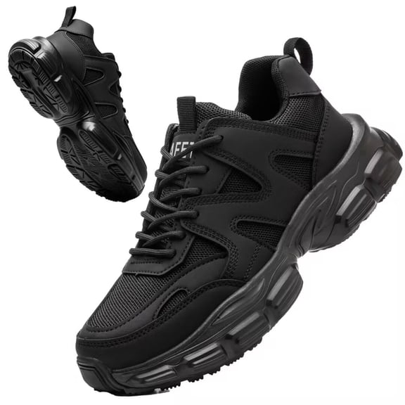 SPSHOOS Women's Steel Toe Safety Sneakers, Puncture Proof Non‑Slip Lightweight Work Shoes for Warehouse Construction Factory, Black