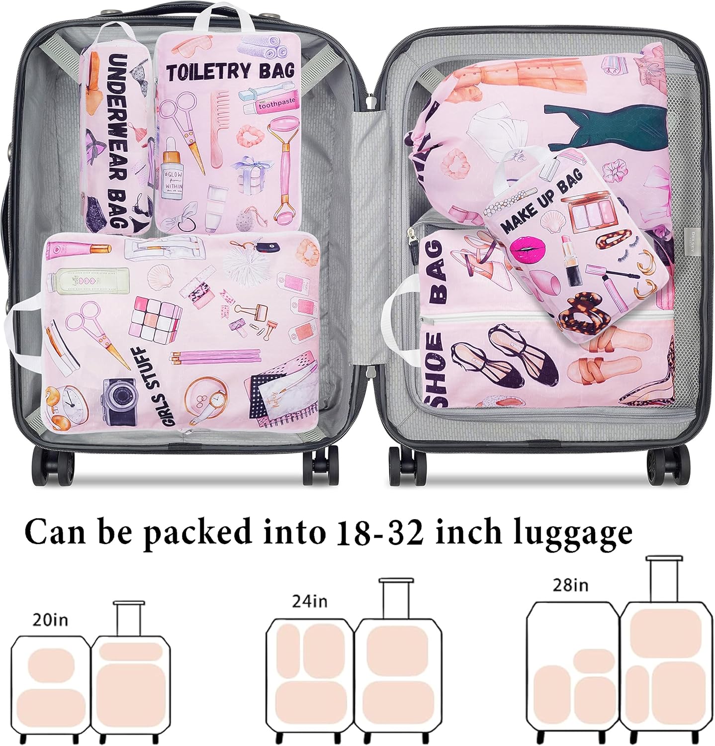 Compression Packing Cubes for Suitcases, 6 Set Travel Luggage Organizer Bags, Lightweight Waterproof Smell Proof Girls Stuff Packing Cubes as Travel Accessories for Women