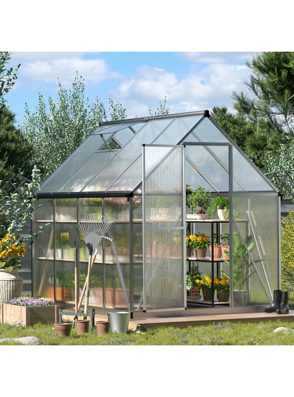 HOGYME 6'x 8' Walk-in Polycarbonate Greenhouse,Gardening Storage Shed with Roof Vent and Lockable Doors,Silver