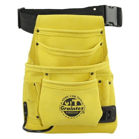 UPC: 0819972022565 | Graintex 10 Pocket Nail & Tool Pouch Yellow Color Suede Leather with 2in. Webbing Belt for Constructors  Electricians  Plumbers  Handymen