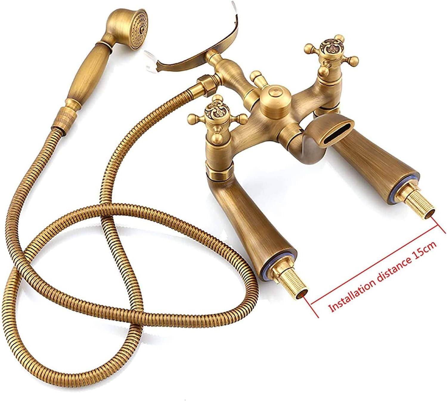 Bathtub Faucet with Handheld Shower, Wall Mounted Retro Style Tub and Shower Faucet Double Cross Handles Tub Faucet Brass Bathroom Mixer Tap