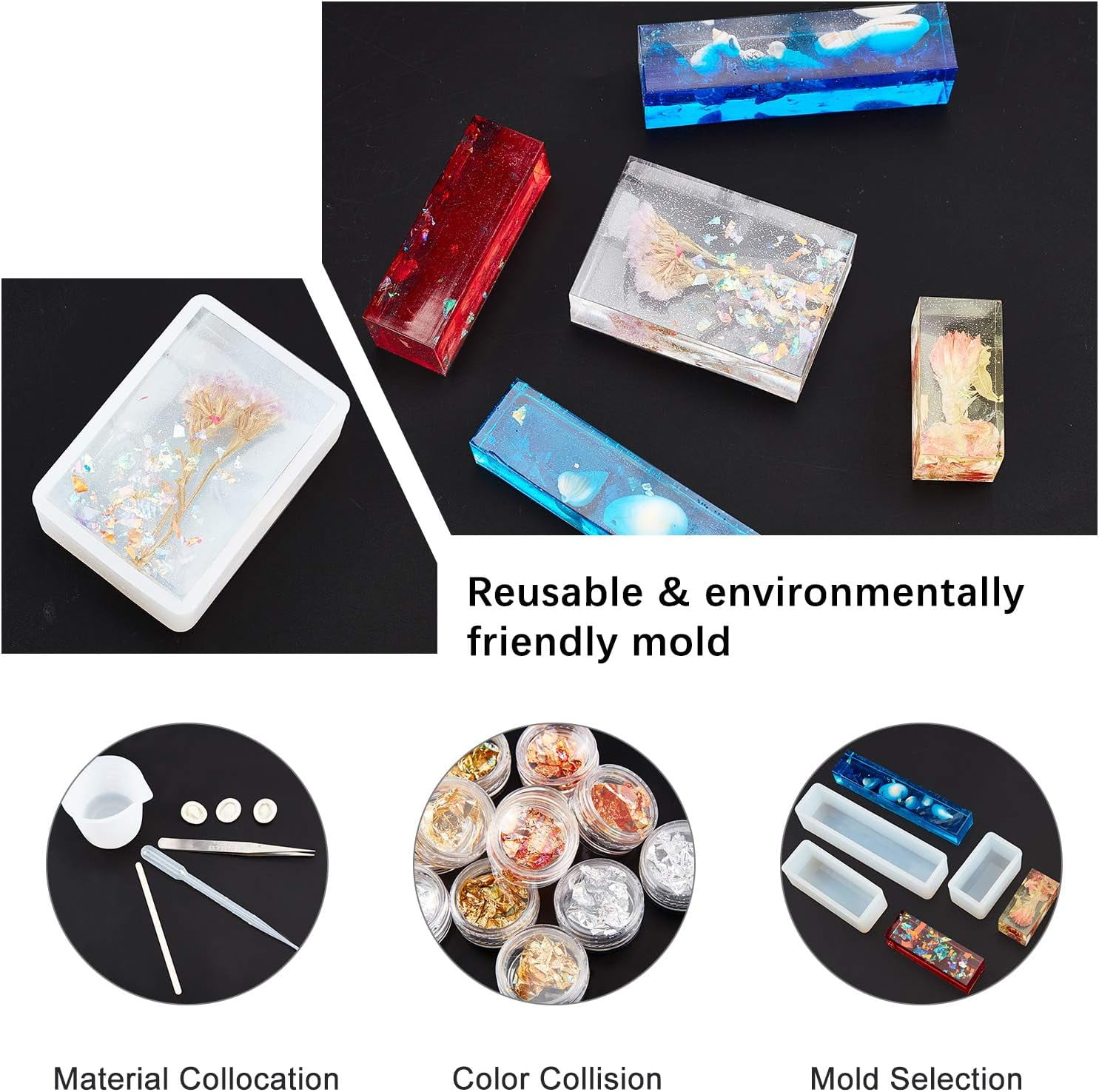 1 set Silicone Resin Casting Molds 11pcs Square Rectangular Silicone Molds Tinfoil Measuring Cup Tweezers Sticks Pipettes and Latex Finger Cots for DIY Crafting Resin Epoxy Jewelry Making