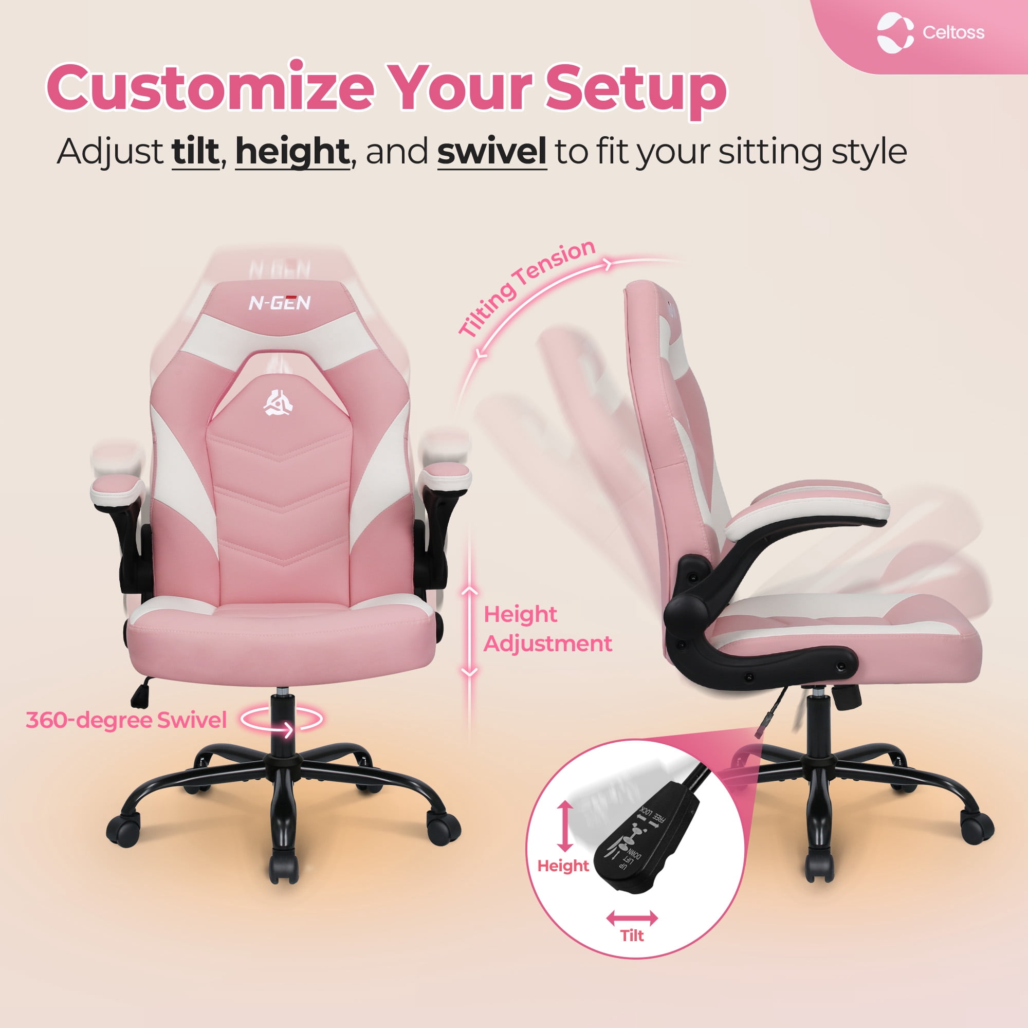 CELTOSS  Pink Gaming Chair, Flip-up Armrest Computer Chair Ergonomic Office Chair PU Leather Desk Chair Executive Adjustable Swivel Task Chair