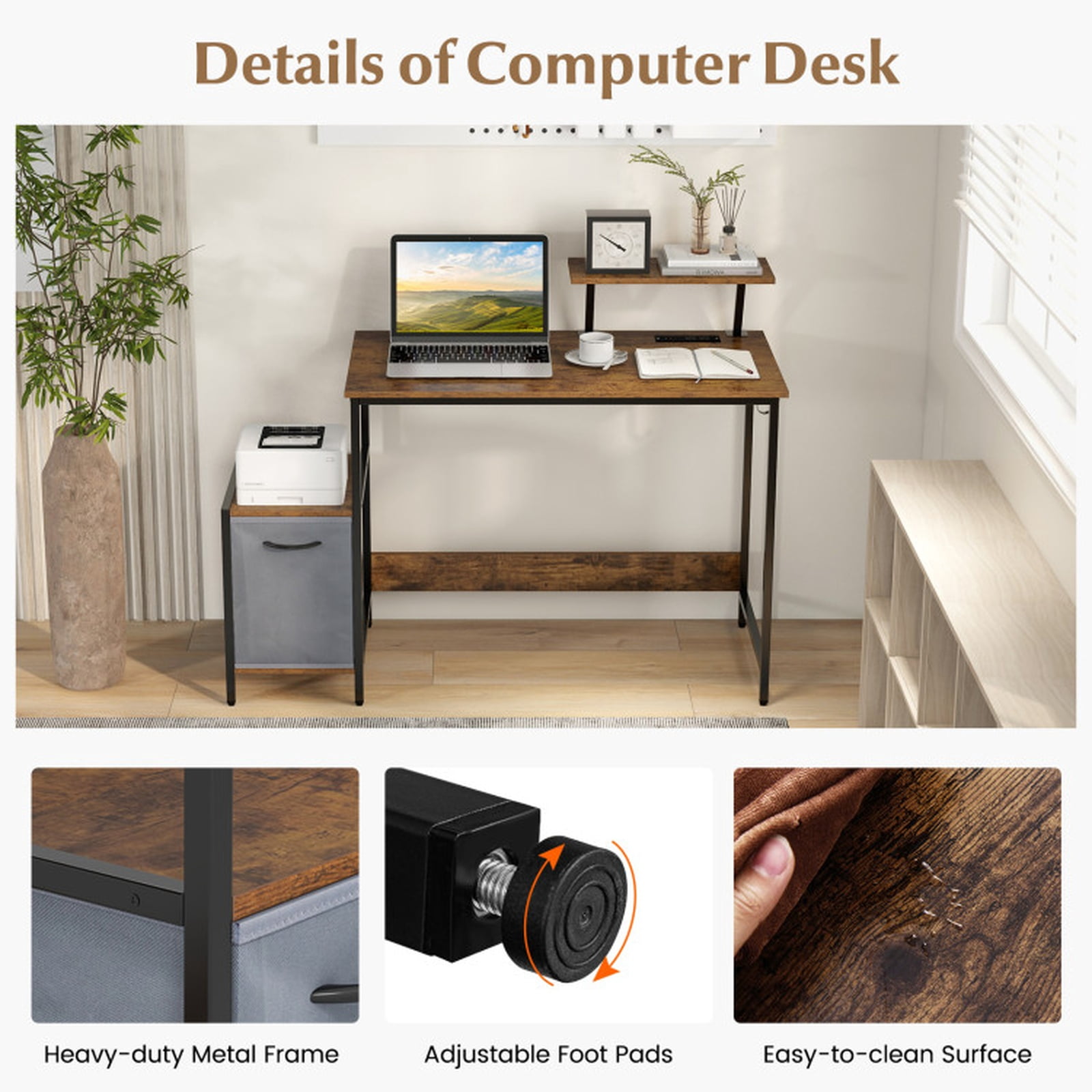 Furnibear Industrial Computer Desk with Reversible Fabric Storage Drawer, Moveable Shelf and USB Charging Station Brown