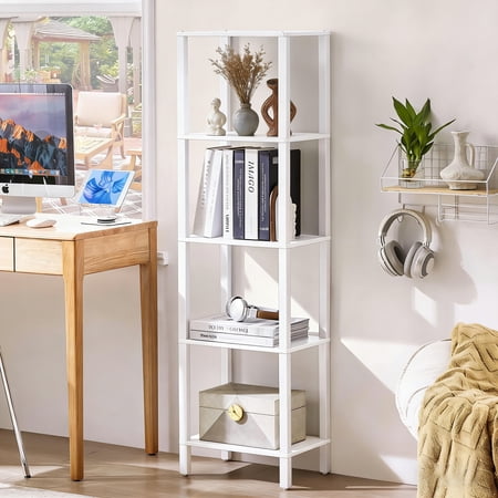 LELELINKY 5-Tier Tall Wooden Bookshelf with Storage Industrial Modern Bookcase for Small Spaces Living Room White