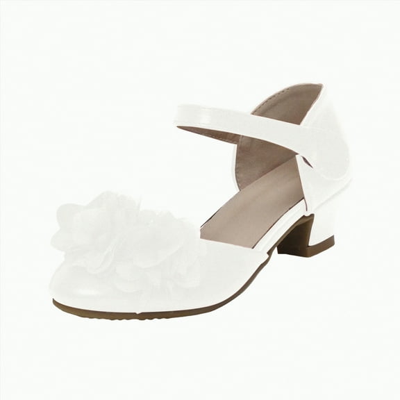 Hessimy Girls Heels Dress Shoes Flats for Wedding Bow Flower Princess Shoes for Little Kid/Big Kid Low Heels Glitter Party Footwear sandals school (White,3)