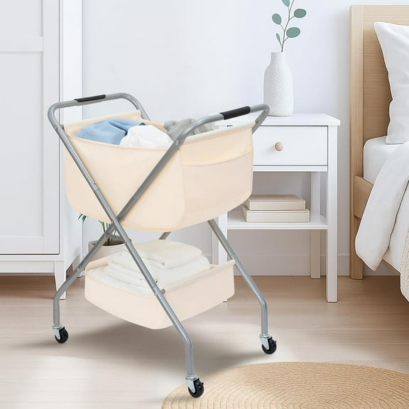 Beige 31.5"H Collapsible Laundry Cart with Wheels - Sturdy Steel Frame & Canvas Liner for Small Narrow Space