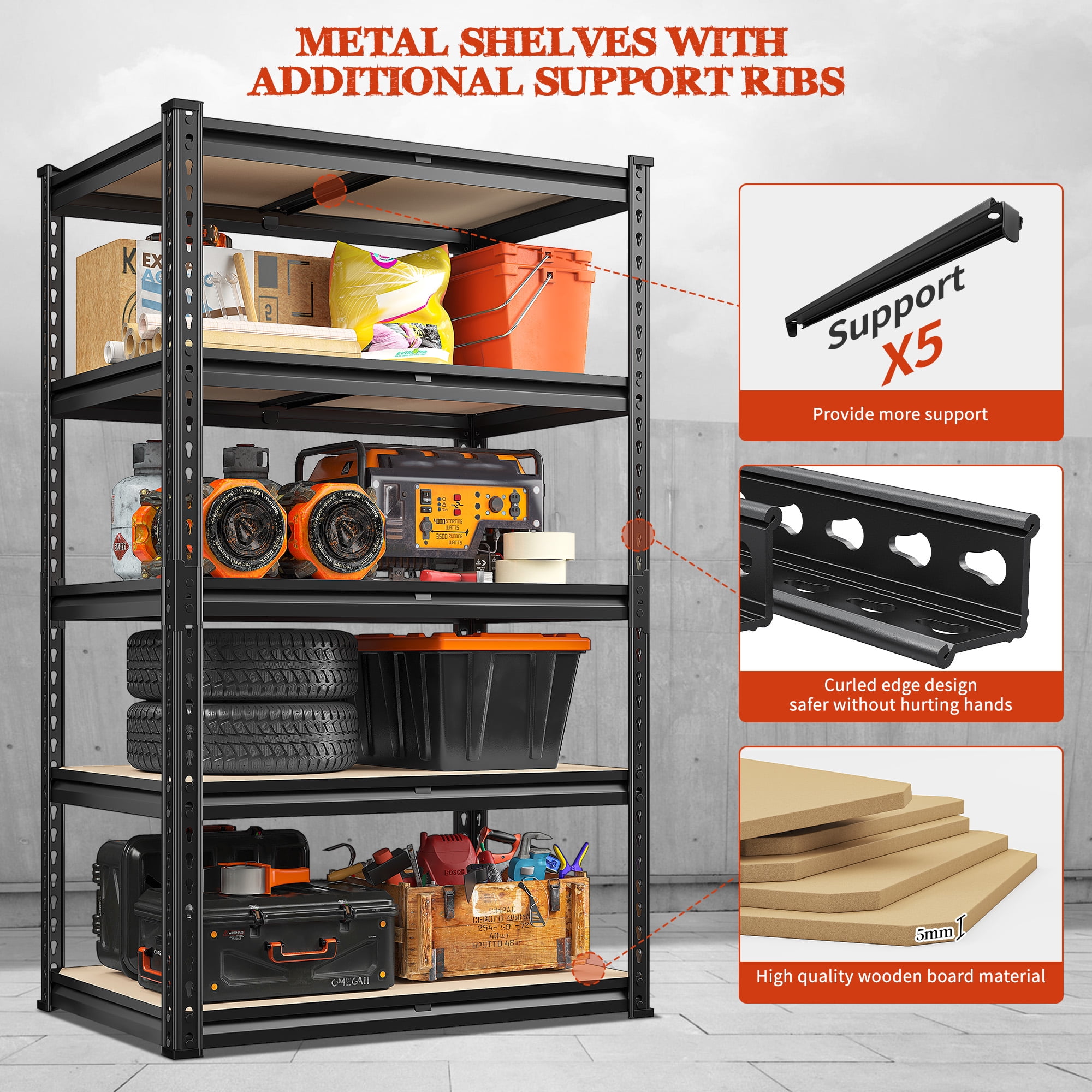 REIBII 2000LBS Garage Shelving 5-Shelf Boltless Storage Shelf Unit, Holds up to 400 lb Per Shelf