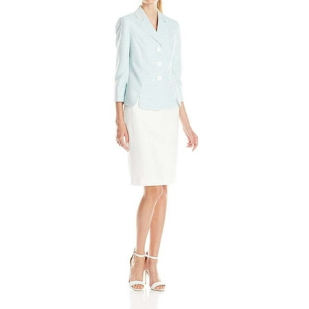 New  1315 Le Suit White Women 3-Button Blazer Skirt Suit Set Teal Size 14P