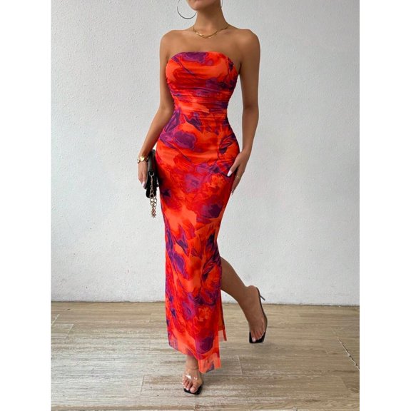 Multicolor Women Strapless Ruched Floral Print Bodycon Wrap Maxi Dress With Side Slit