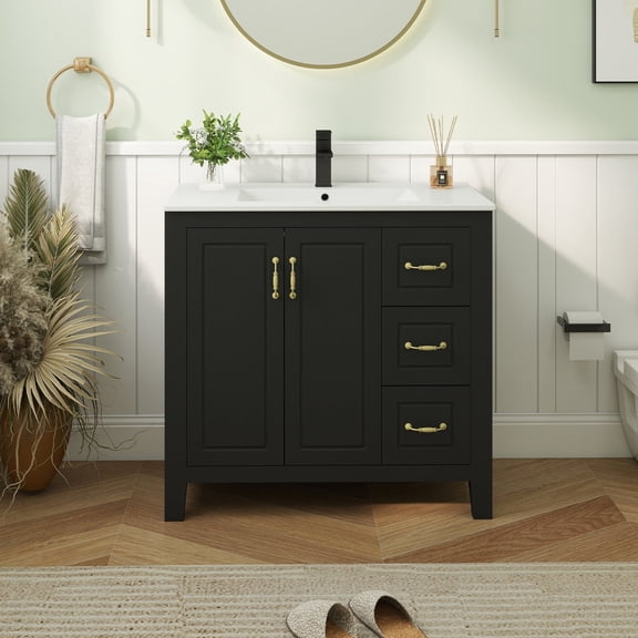 ELECWISH 36" Bathroom Vanity with White Sink, Painted Surface Solid Wood Frame Bathroom Storage Vanities Set with 3 Drawers, Louvre Design Cabinet with Integrated Ceramic Sink, Black