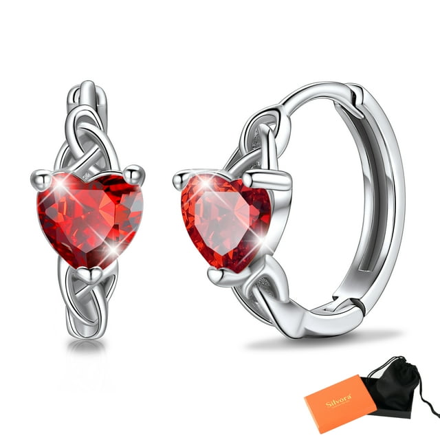 Pendientes de aro de plata de ley con piedras natales Silvora para mujer. Diamantes creados. Delicada joya de regalo para cumpleaños o Navidad