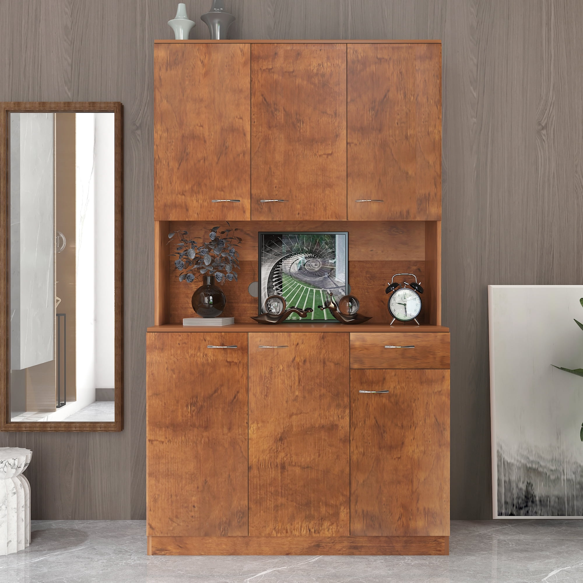 Mintazer 70.8" Tall Kitchen Pantry Cabinet with Open Shelf, Freestanding Food Storage Cabinet with Drawer & 6 Doors for Hallway Living Room Kitchen, Brown