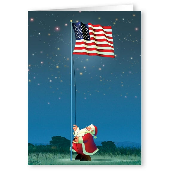Patriotic Santa Raising the American Flag - Holiday Christmas Cards - 18 Cards a
