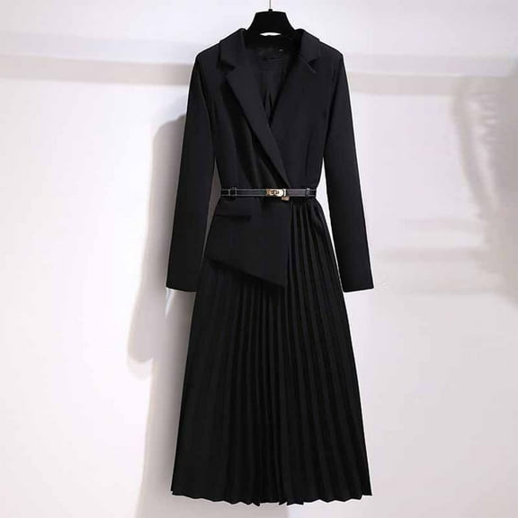 Zedker Dresses for Women Business Casual Shirt Long Sleeves Pleated Midi with Belt Black Plus L