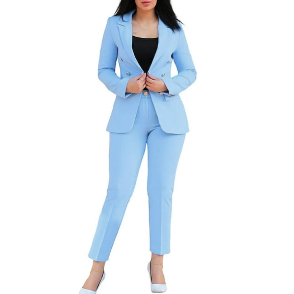 2 Pcs/Set Lady Formal Coat Pants Set Long Sleeves Double Buttons Tight Waist Cardigan Mid Length Jacket Straight High Waist Trousers Formal Business Commuting Outfit