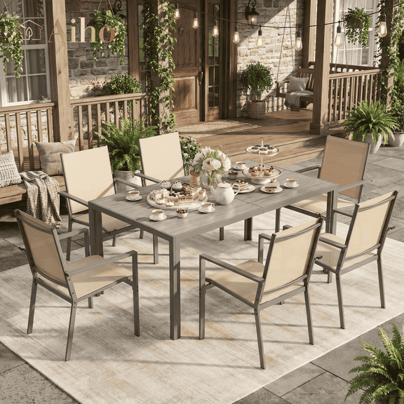 Aiho 7 Pieces Patio Table and Chairs Set, All-Weather Outdoor Dining Set with Umbrella Hole & 6 Textilene Dining Chairs, Perfect for Garden, Yard, Brown