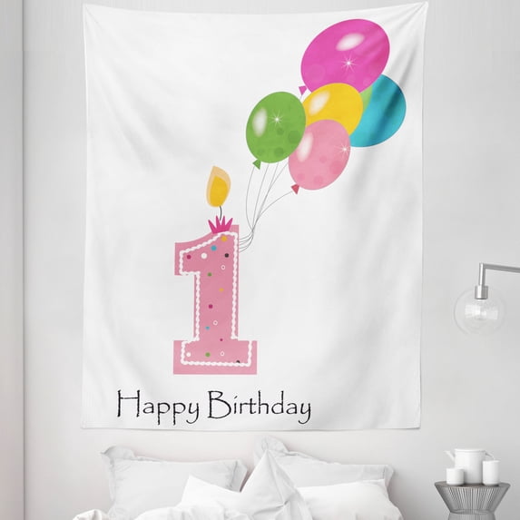 Party Tapestry, Girl Party Candlestick with Colorful Balloons Print, Fabric Wall Hanging Decor for Bedroom Living Room Dorm, 5 Sizes, Pale Pink White, by Ambesonne