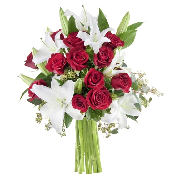 KaBloom : 12 Red Roses, 5 White Oriental Lilies, 3 Seeded Eucalyptus, 3 Israeli Ruscus Next-Day Delivery, Gift for Every Occasion.