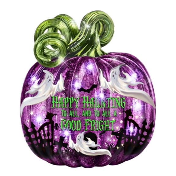 The Bradford Exchange Spooky Sights and Bright Lights Sculpture Collection: Happy Haunting Pumpkin Issue #3 Handcrafted Glass Pumpkin with LED Lights by Dona Gelsinger 7-Inches